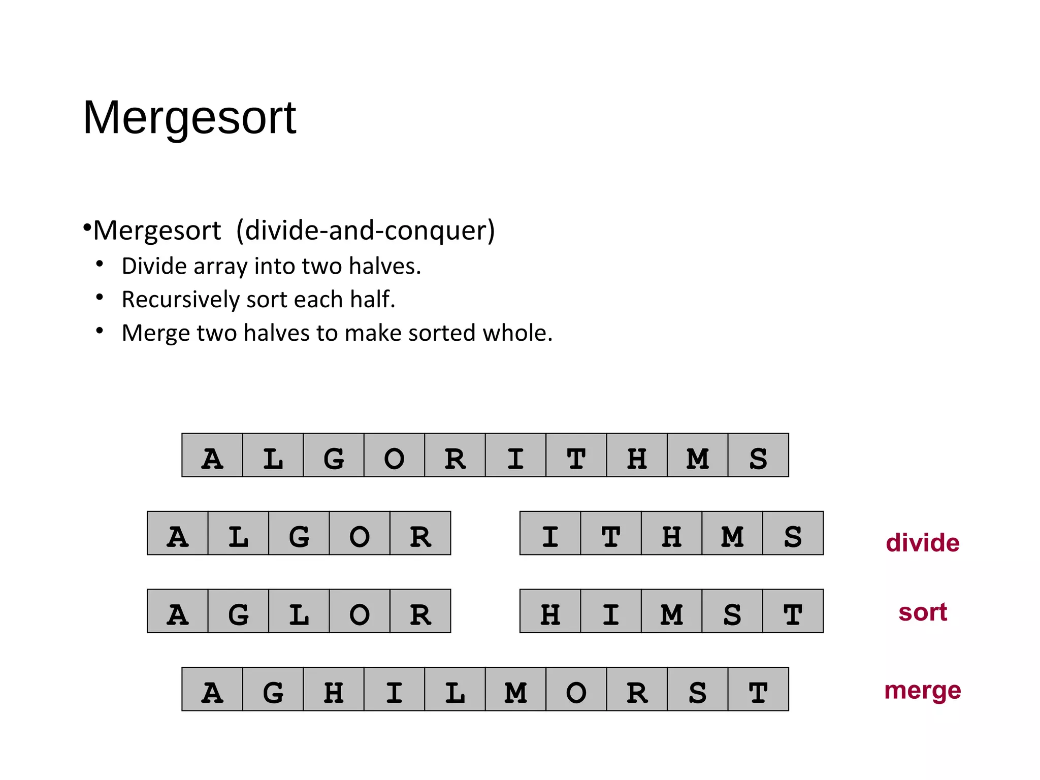 Mergesort
•Mergesort (divide-and-conquer)
• Divide array into two halves.
• Recursively sort each half.
• Merge two halves to make sorted whole.
merge
sort
A L G O R I T H M S
divideA L G O R I T H M S
A G L O R H I M S T
A G H I L M O R S T
 
