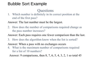 Bubble Sort Example
Questions
1. Which number is definitely in its correct position at the
end of the first pass?
Answer: The last number must be the largest.
Answer: Each pass requires one fewer comparison than the last.
Answer: When a pass with no exchanges occurs.
2. How does the number of comparisons required change as
the pass number increases?
3. How does the algorithm know when the list is sorted?
4. What is the maximum number of comparisons required
for a list of 10 numbers?
Answer: 9 comparisons, then 8, 7, 6, 5, 4, 3, 2, 1 so total 45
 