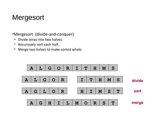 Mergesort
•Mergesort (divide-and-conquer)
• Divide array into two halves.
• Recursively sort each half.
• Merge two halves to make sorted whole.
merge
sort
A L G O R I T H M S
divideA L G O R I T H M S
A G L O R H I M S T
A G H I L M O R S T
 