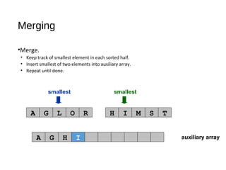 auxiliary array
smallest smallest
A G L O R H I M S T
A G H
Merging
•Merge.
• Keep track of smallest element in each sorted half.
• Insert smallest of two elements into auxiliary array.
• Repeat until done.
I
 