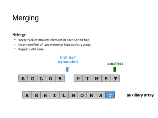 auxiliary array
first half
exhausted smallest
A G L O R H I M S T
A G H I L M O R S
Merging
•Merge.
• Keep track of smallest element in each sorted half.
• Insert smallest of two elements into auxiliary array.
• Repeat until done.
T
 