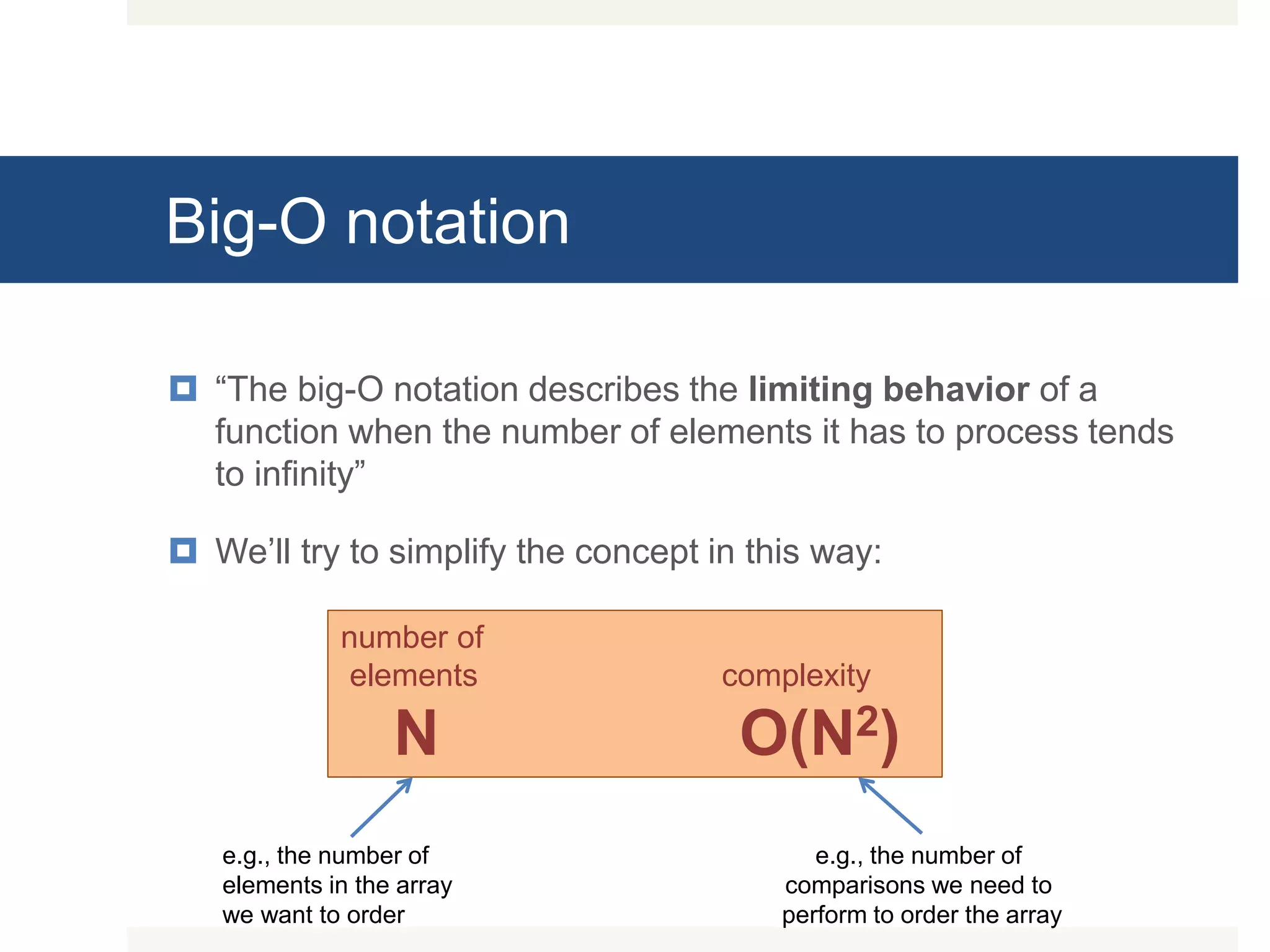 Big-O notation  “The big-O notation describes the limiting behavior of a function when the number of elements it has to process tends to infinity”  We’ll try to simplify the concept in this way: number of elements complexity N O(N2) e.g., the number of elements in the array we want to order e.g., the number of comparisons we need to perform to order the array 