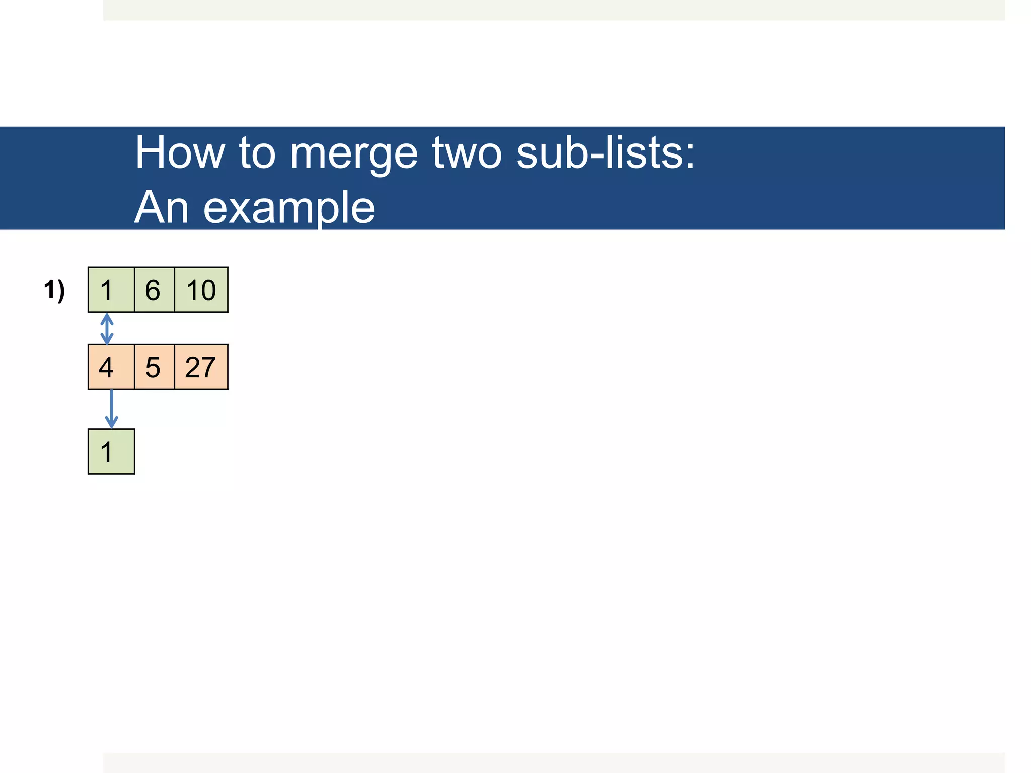 How to merge two sub-lists: An example 1 6 10 4 5 27 1 1) 