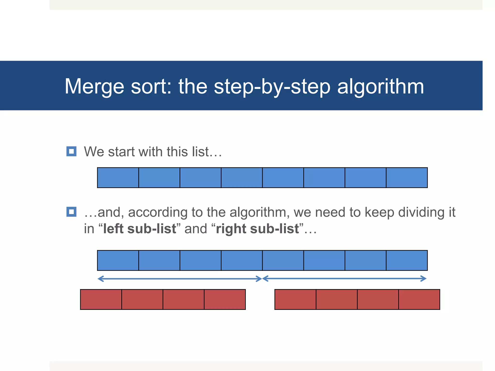 Merge sort: the step-by-step algorithm  We start with this list…  …and, according to the algorithm, we need to keep dividing it in “left sub-list” and “right sub-list”… 