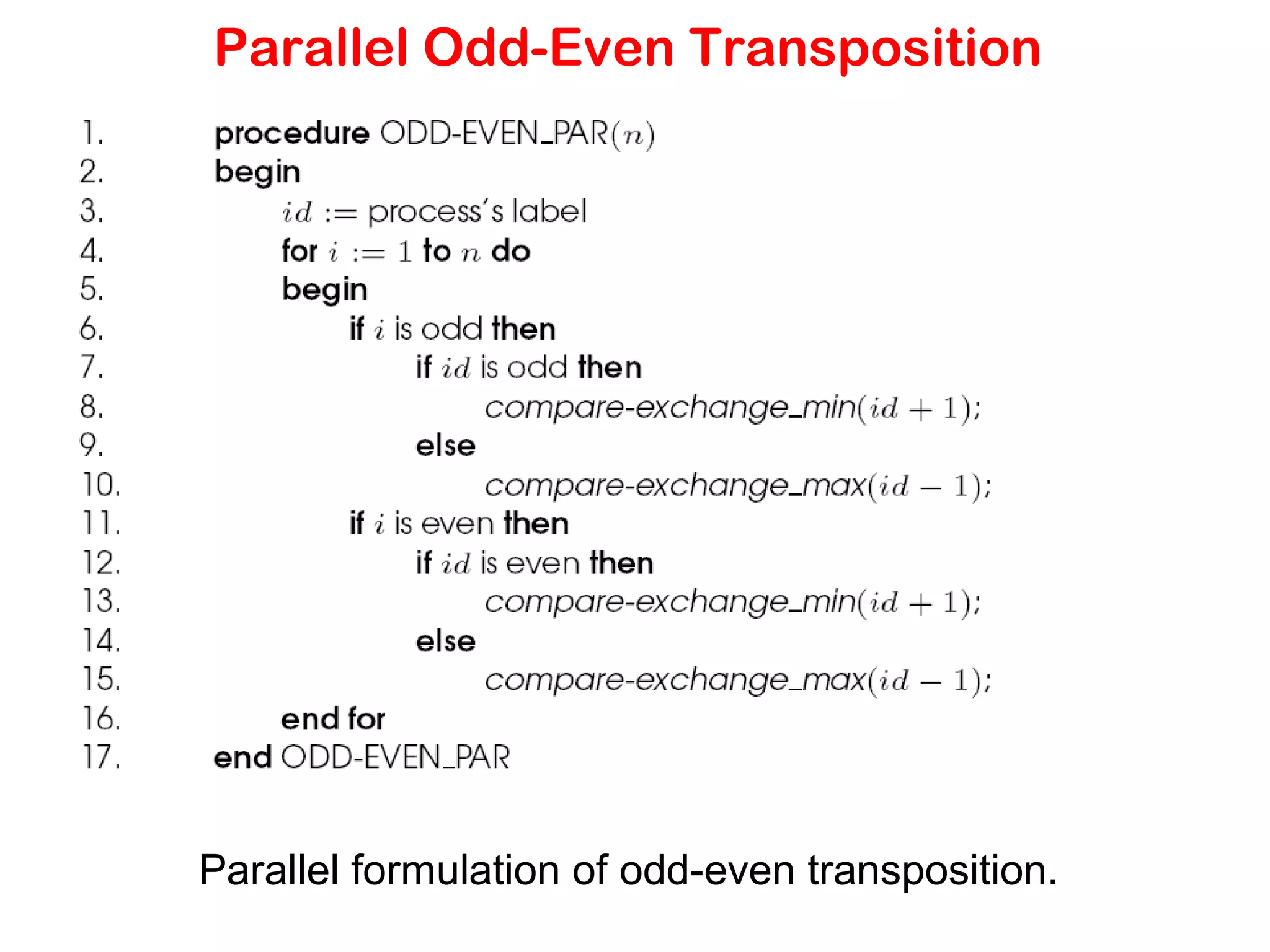Parallel Odd-Even Transposition Parallel formulation of odd-even transposition. 