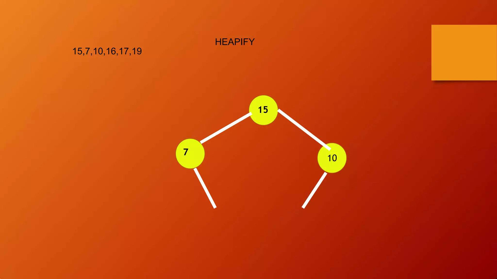10
15
7
15,7,10,16,17,19
HEAPIFY
 