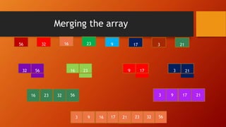 Merging the array
56 32 16 23 9 17 3 21
5632 16 23 9 17 3 21
16 23 32 56 3 9 17 21
3 9 16 17 21 23 32 56
 