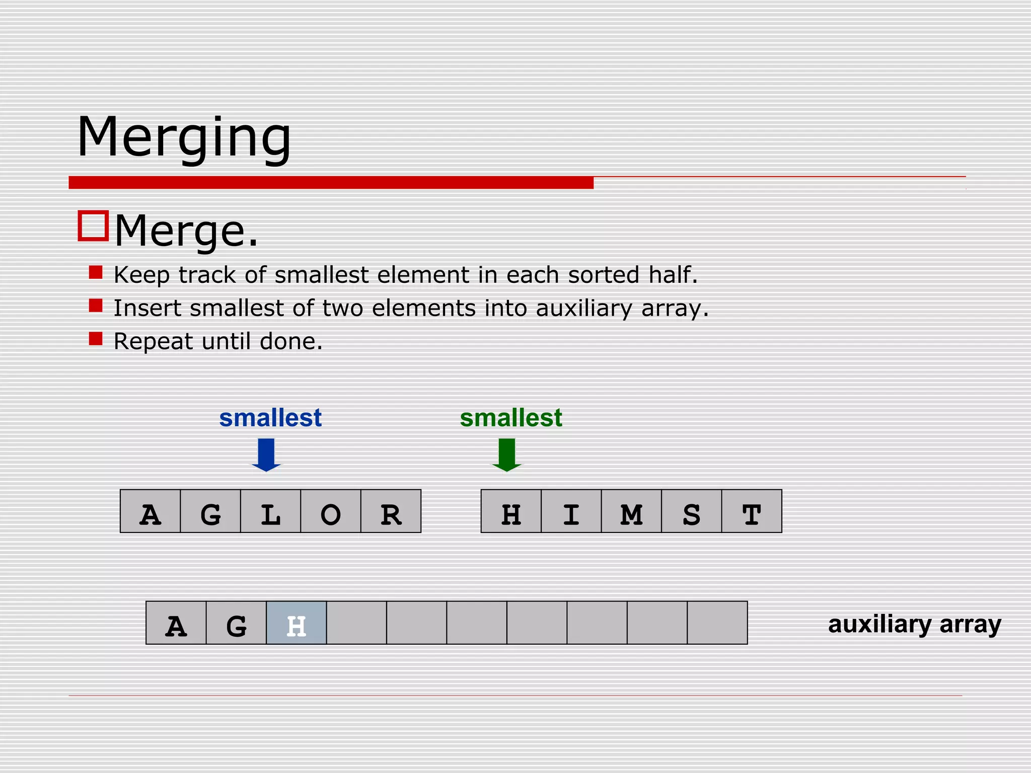 auxiliary array smallest smallest A G L O R H I M S T A G Merging Merge.  Keep track of smallest element in each sorted half.  Insert smallest of two elements into auxiliary array.  Repeat until done. H 