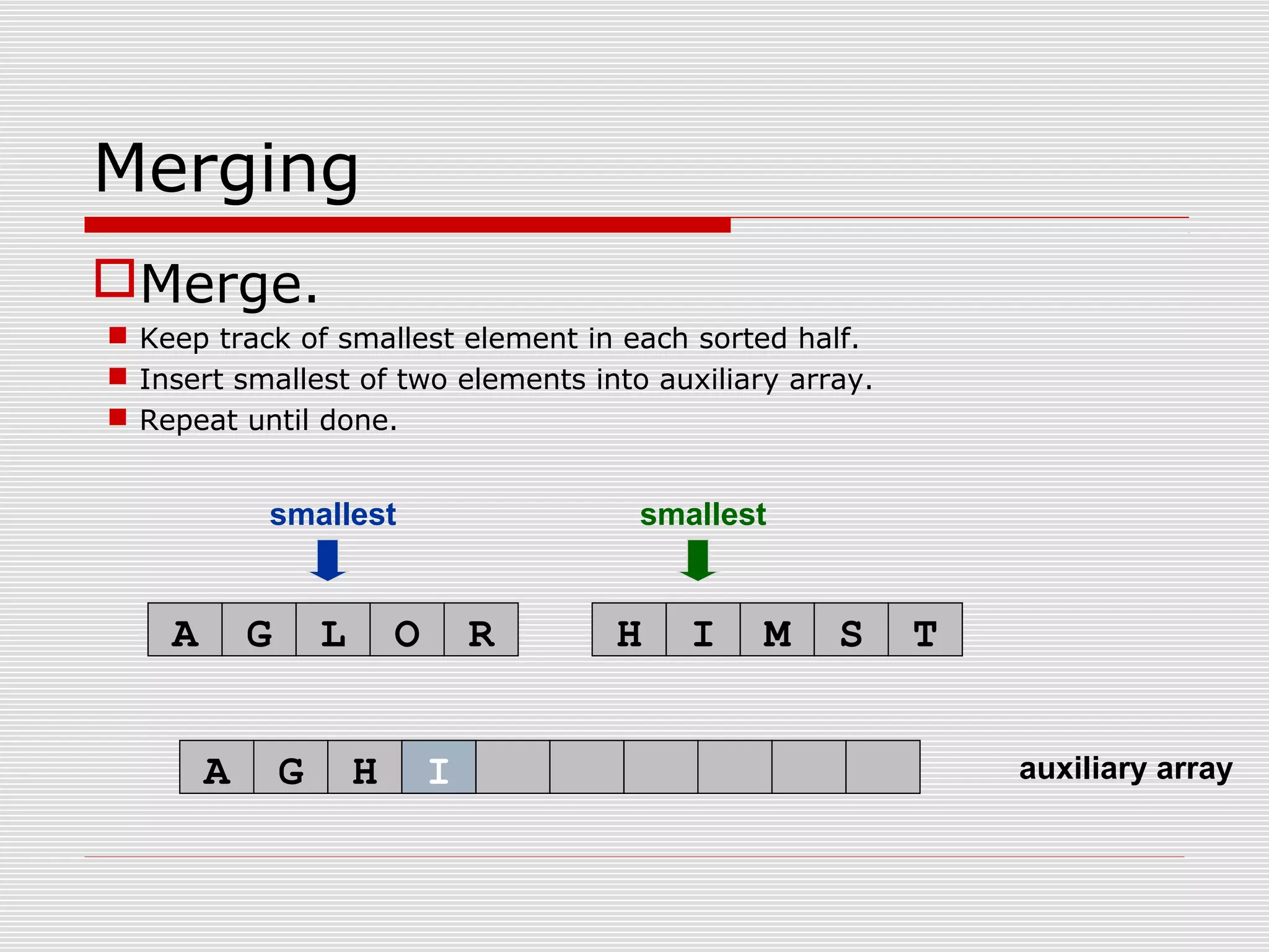 auxiliary array smallest smallest A G L O R H I M S T A G H Merging Merge.  Keep track of smallest element in each sorted half.  Insert smallest of two elements into auxiliary array.  Repeat until done. I 