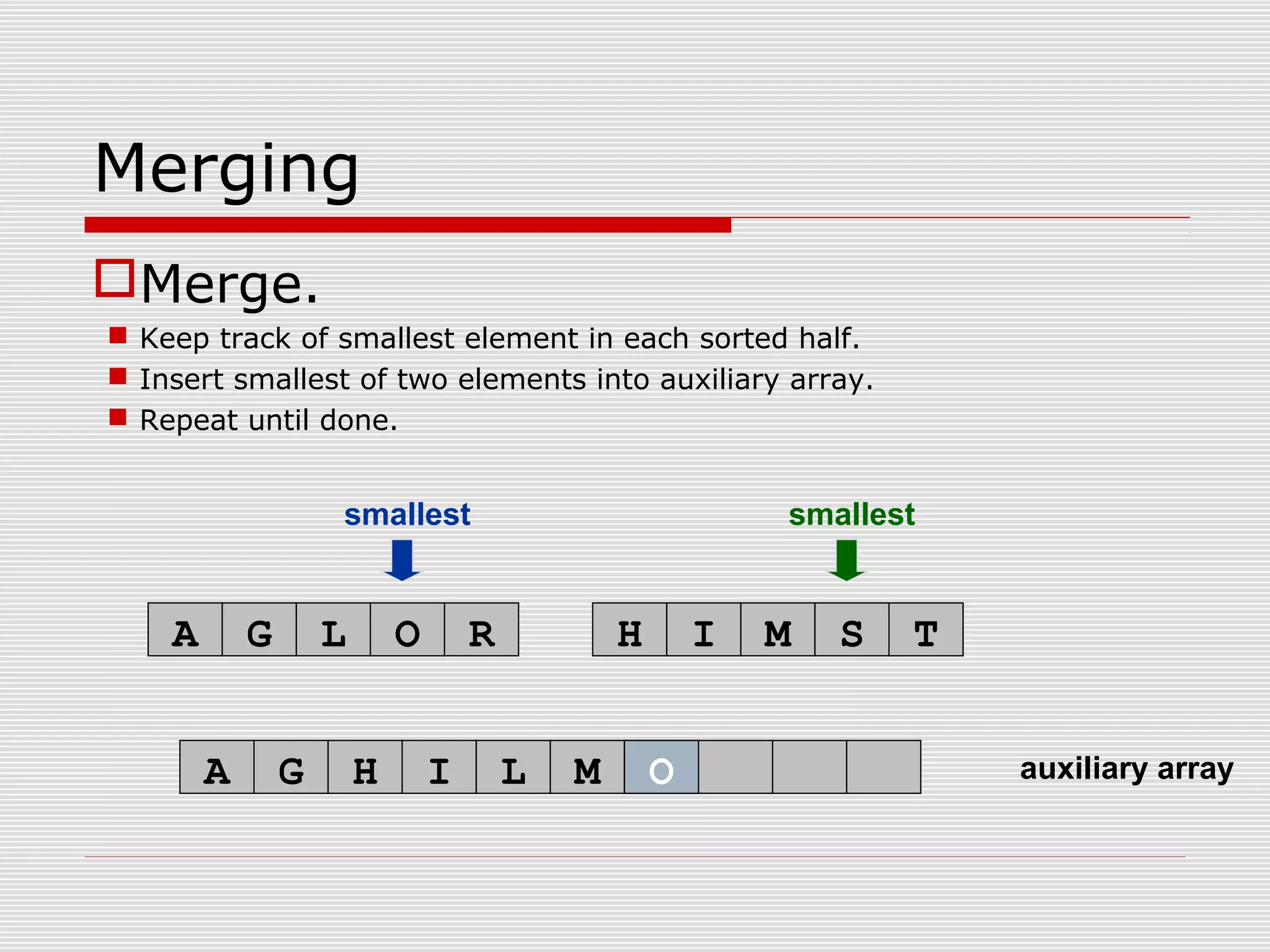 auxiliary array smallest smallest A G L O R H I M S T A G H I L M Merging Merge.  Keep track of smallest element in each sorted half.  Insert smallest of two elements into auxiliary array.  Repeat until done. O 