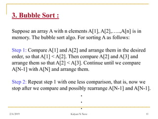 3. Bubble Sort :
Suppose an array A with n elements A[1], A[2],…..,A[n] is in
memory. The bubble sort algo. For sorting A as follows:
Step 1: Compare A[1] and A[2] and arrange them in the desired
order, so that A[1] < A[2]. Then compare A[2] and A[3] and
arrange them so that A[2] < A[3]. Continue until we compare
A[N-1] with A[N] and arrange them.
Step 2: Repeat step 1 with one less comparison, that is, now we
stop after we compare and possibly rearrange A[N-1] and A[N-1].
.
.
.
2/6/2019 Kalyani N Neve 11
 
