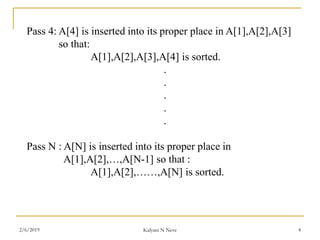 Pass 4: A[4] is inserted into its proper place in A[1],A[2],A[3]
so that:
A[1],A[2],A[3],A[4] is sorted.
.
.
.
.
.
Pass N : A[N] is inserted into its proper place in
A[1],A[2],…,A[N-1] so that :
A[1],A[2],……,A[N] is sorted.
2/6/2019 Kalyani N Neve 4
 