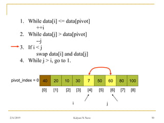 1. While data[i] <= data[pivot]
++i
2. While data[j] > data[pivot]
--j
3. If i < j
swap data[i] and data[j]
4. While j > i, go to 1.
40 20 10 30 7 50 60 80 100pivot_index = 0
i j
[0] [1] [2] [3] [4] [5] [6] [7] [8]
2/6/2019 Kalyani N Neve 50
 