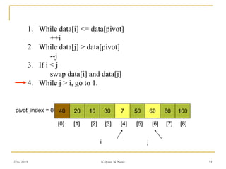 1. While data[i] <= data[pivot]
++i
2. While data[j] > data[pivot]
--j
3. If i < j
swap data[i] and data[j]
4. While j > i, go to 1.
40 20 10 30 7 50 60 80 100pivot_index = 0
i j
[0] [1] [2] [3] [4] [5] [6] [7] [8]
2/6/2019 Kalyani N Neve 51
 