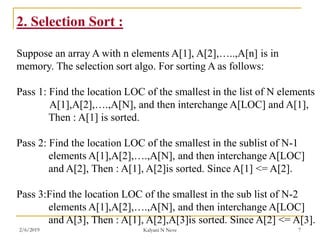 2. Selection Sort :
Suppose an array A with n elements A[1], A[2],…..,A[n] is in
memory. The selection sort algo. For sorting A as follows:
Pass 1: Find the location LOC of the smallest in the list of N elements
A[1],A[2],….,A[N], and then interchange A[LOC] and A[1],
Then : A[1] is sorted.
Pass 2: Find the location LOC of the smallest in the sublist of N-1
elements A[1],A[2],….,A[N], and then interchange A[LOC]
and A[2], Then : A[1], A[2]is sorted. Since A[1] <= A[2].
Pass 3:Find the location LOC of the smallest in the sub list of N-2
elements A[1],A[2],….,A[N], and then interchange A[LOC]
and A[3], Then : A[1], A[2],A[3]is sorted. Since A[2] <= A[3].
2/6/2019 Kalyani N Neve 7
 