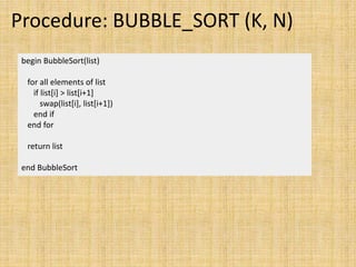 Procedure: BUBBLE_SORT (K, N)
begin BubbleSort(list)
for all elements of list
if list[i] > list[i+1]
swap(list[i], list[i+1])
end if
end for
return list
end BubbleSort
 