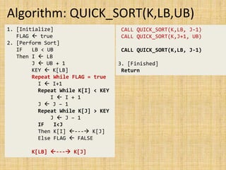 Algorithm: QUICK_SORT(K,LB,UB)
1. [Initialize]
FLAG  true
2. [Perform Sort]
IF LB < UB
Then I  LB
J  UB + 1
KEY  K[LB]
Repeat While FLAG = true
I  I+1
Repeat While K[I] < KEY
I  I + 1
J  J – 1
Repeat While K[J] > KEY
J  J – 1
IF I<J
Then K[I] --- K[J]
Else FLAG  FALSE
K[LB] --- K[J]
CALL QUICK_SORT(K,LB, J-1)
CALL QUICK_SORT(K,J+1, UB)
CALL QUICK_SORT(K,LB, J-1)
3. [Finished]
Return
 