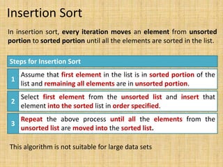 Insertion Sort
In insertion sort, every iteration moves an element from unsorted
portion to sorted portion until all the elements are sorted in the list.
Steps for Insertion Sort
1
Assume that first element in the list is in sorted portion of the
list and remaining all elements are in unsorted portion.
2
Select first element from the unsorted list and insert that
element into the sorted list in order specified.
3
Repeat the above process until all the elements from the
unsorted list are moved into the sorted list.
This algorithm is not suitable for large data sets
 