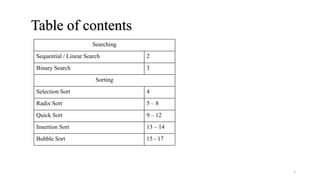 Table of contents
1
Searching
Sequential / Linear Search 2
Binary Search 3
Sorting
Selection Sort 4
Radix Sort 5 – 8
Quick Sort 9 – 12
Insertion Sort 13 – 14
Bubble Sort 15 - 17
 