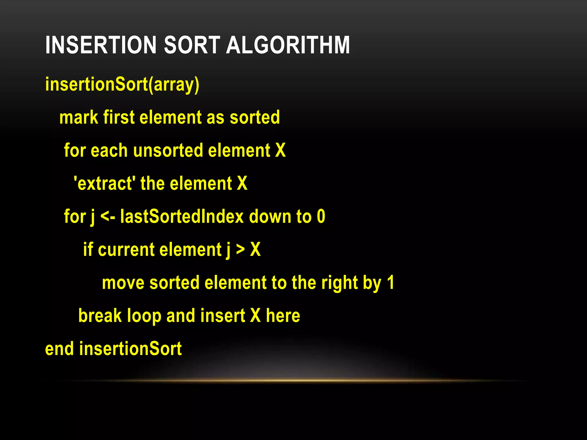 INSERTION SORT ALGORITHM
insertionSort(array)
mark first element as sorted
for each unsorted element X
'extract' the element X
for j <- lastSortedIndex down to 0
if current element j > X
move sorted element to the right by 1
break loop and insert X here
end insertionSort
 