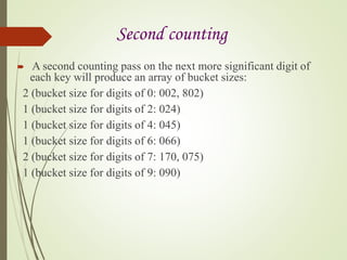 Second counting
 A second counting pass on the next more significant digit of
each key will produce an array of bucket sizes:
2 (bucket size for digits of 0: 002, 802)
1 (bucket size for digits of 2: 024)
1 (bucket size for digits of 4: 045)
1 (bucket size for digits of 6: 066)
2 (bucket size for digits of 7: 170, 075)
1 (bucket size for digits of 9: 090)
 