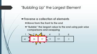 "Bubbling Up" the Largest Element
Traverse a collection of elements
Move from the front to the end
“Bubble” the largest value to the end using pair-wise
comparisons and swapping
512357742 101
1 2 3 4 5 6
Swap35 77
 