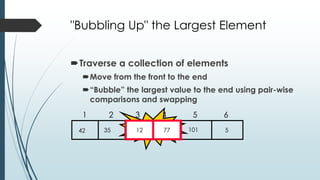 "Bubbling Up" the Largest Element
Traverse a collection of elements
Move from the front to the end
“Bubble” the largest value to the end using pair-wise
comparisons and swapping
512773542 101
1 2 3 4 5 6
Swap12 77
 