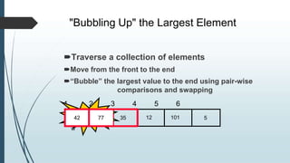 "Bubbling Up" the Largest Element
5
12 101
Traverse a collection of elements
Move from the front to the end
“Bubble” the largest value to the end using pair-wise
comparisons and swapping
1 2 3 4 5 6
77
S
w
ap
42
42 77 35
 