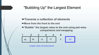 "Bubbling Up" the Largest Element
Traverse a collection of elements
Move from the front to the end
“Bubble” the largest value to the end using pair-wise
comparisons and swapping
1 2 3 4 5 6
42 35 12 77 5 101
Largest value correctly placed
 