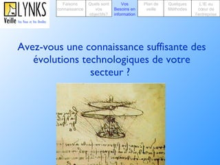 Avez-vous une connaissance suffisante des évolutions technologiques de votre secteur ?   Faisons connaissance Quels sont vos objectifs? Plan de veille Vos Besoins en information Quelques Méthodes L’IE au cœur de l’entreprise 