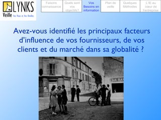 Avez-vous identifié les principaux facteurs d’influence de vos fournisseurs, de vos clients et du marché dans sa globalité ?   Faisons connaissance Quels sont vos objectifs? Plan de veille Vos Besoins en information Quelques Méthodes L’IE au cœur de l’entreprise 
