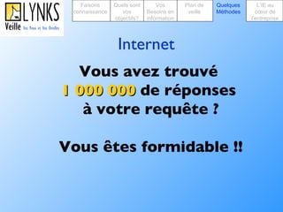 Internet Vous avez trouvé  1 000 000  de réponses  à votre requête ? Vous êtes formidable !! Faisons connaissance Quels sont vos objectifs? Plan de veille Vos Besoins en information Quelques Méthodes L’IE au cœur de l’entreprise 