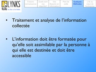 Traitement et analyse de l’information collectée L’information doit être formatée pour qu’elle soit assimilable par la personne à qui elle est destinée et doit être accessible Faisons connaissance Quels sont vos objectifs? Plan de veille Vos Besoins en information Quelques Méthodes L’IE au cœur de l’entreprise 