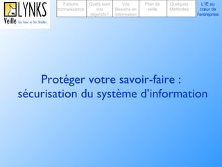 Protéger votre savoir-faire :  sécurisation du système d’information Faisons connaissance Quels sont vos objectifs? Plan de veille Vos Besoins en information Quelques Méthodes L’IE au cœur de l’entreprise 