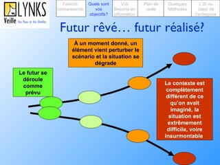 Futur rêvé… futur réalisé? Le futur se déroule comme prévu Le contexte est complètement différent de ce qu’on avait imaginé, la situation est extrêmement difficile, voire insurmontable  À un moment donné, un élément vient perturber le scénario et la situation se dégrade Faisons connaissance Quels sont   vos objectifs? Plan de veille Vos Besoins en information Quelques Méthodes L’IE au cœur de l’entreprise 