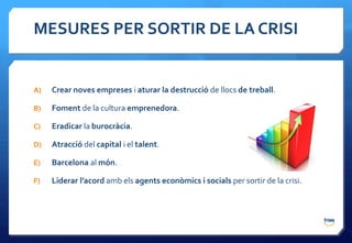 MESURES PER SORTIR DE LA CRISI


A)   Crear noves empreses i aturar la destrucció de llocs de treball.

B)   Foment de la cultura emprenedora.

C)   Eradicar la burocràcia.

D)   Atracció del capital i el talent.

E)   Barcelona al món.

F)   Liderar l’acord amb els agents econòmics i socials per sortir de la crisi.
 