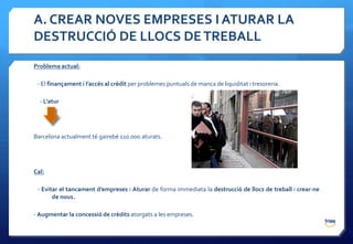 A. CREAR NOVES EMPRESES I ATURAR LA
DESTRUCCIÓ DE LLOCS DE TREBALL
Problema actual:

 - El finançament i l’accés al crèdit per problemes puntuals de manca de liquiditat i tresoreria.

  - L’atur




Barcelona actualment té gairebé 110.000 aturats.




Cal:

 - Evitar el tancament d’empreses i Aturar de forma immediata la destrucció de llocs de treball i crear-ne
       de nous.

- Augmentar la concessió de crèdits atorgats a les empreses.
 