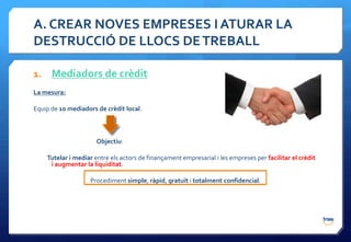 A. CREAR NOVES EMPRESES I ATURAR LA
DESTRUCCIÓ DE LLOCS DE TREBALL

1. Mediadors de crèdit
La mesura:

Equip de 10 mediadors de crèdit local.



                      Objectiu:

    Tutelar i mediar entre els actors de finançament empresarial i les empreses per facilitar el crèdit
     i augmentar la liquiditat.

                   Procediment simple, ràpid, gratuït i totalment confidencial.
 