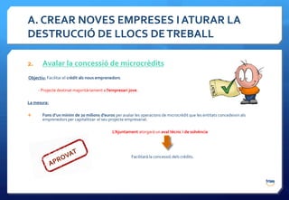 A. CREAR NOVES EMPRESES I ATURAR LA
DESTRUCCIÓ DE LLOCS DE TREBALL

2.     Avalar la concessió de microcrèdits
Objectiu: Facilitar el crèdit als nous emprenedors.

     - Projecte destinat majoritàriament a l’empresari jove.

La mesura:

      Fons d’un mínim de 20 milions d’euros per avalar les operacions de microcrèdit que les entitats concedeixin als
       emprenedors per capitalitzar el seu projecte empresarial.

                                              L’Ajuntament atorgarà un aval tècnic i de solvència




                                                        Facilitarà la concessió dels crèdits.
 