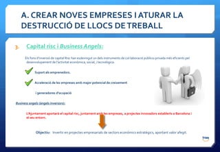 A. CREAR NOVES EMPRESES I ATURAR LA
     DESTRUCCIÓ DE LLOCS DE TREBALL

3.     Capital risc i Business Angels:
      Els fons d’inversió de capital Risc han esdevingut un dels instruments de col·laboració público-privada més eficients pel
       desenvolupament de l’activitat econòmica, social, i tecnològica.


             Suport als emprenedors.


             Acceleració de les empreses amb major potencial de creixement


             i generadores d’ocupació


Business angels (àngels inversors):


       L’Ajuntament aportarà el capital risc, juntament amb les empreses, a projectes innovadors establerts a Barcelona i
       el seu entorn.



              Objectiu: Invertir en projectes empresarials de sectors econòmics estratègics, aportant valor afegit.
 