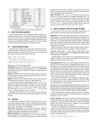 Operator        Optimization                 # HITs           to perform Smart Join with a 5x5 grid was relatively small. This il-
              Join          Filter                         43             lustrates the need for online selectivity estimation to determine when
              Join          Filter + Simple                628            a crowd-based predicate will be useful.
              Join          Filter + Naive                 160
                                                                          Query Accuracy: The numInScene task was very accurate, re-
              Join          Filter + Smart 3x3             108
              Join          Filter + Smart 5x5             66             sulting in no errors compared to a manually-evaluated ﬁlter. The
              Join          No Filter + Simple            1055            inScene join did less well, as some actors look similar, and some
              Join          No Filter + Naive              211            scenes showed actors from the side; we had a small number of false
              Join          No Filter + Smart 5x5          43             positives, but these were consistent across implementations. Finally,
           Order By         Compare                        61             the scene quality operator had high variance and was quite sub-
           Order By         Rate                           11             jective; in such cases Rate works just as well as Compare.
      Total (unoptimized)                           1055 + 61 = 1116
       Total (optimized)                              66 + 11 = 77
           5: Number of HITs for each operator optimization
                                                                          6. DISCUSSION AND FUTURE WORK
                                                                            In this section, we discuss issues and lessons learned from our
5.     END TO END QUERY                                                   implementation and efforts running jobs on Mechanical Turk.
   In the previous sections, we examined how different operator op-
timizations affected price, accuracy, and latency, and evaluated them     Reputation: While not directly related to database implementation,
in isolation. In this section, we execute a complex query that utilizes   it is important to remember that your identity carries reputation on
both join and sort operators, and show that Qurk’s optimizations can      MTurk. Turkers keep track of good and bad requesters, and share this
reduce the overall number of HITs by a factor of 14.5 as compared         information on message boards such as Turker Nation6 . By quickly
to a naive approach, and still generate comparable results.               approving completed work and responding to Turker requests when
                                                                          they contact you with questions, you can generate a good working
                                                                          relationship with Turkers.
5.1      Experimental Setup                                                  When we started as requesters, Turkers asked on Turker Nation if
  The query joins a table of movie frames and a table of actor photos,    others knew whether we were trustworthy. A Turker responded:
looking for frames containing only the actor. For each actor, the         [requester name] is okay .... I don’t think you need to worry. He is
query ﬁnds frames where the actor is the main focus of the frame          great on communication, responds to messages and makes changes
and orders the frames by how ﬂattering they are:                          to the Hits as per our feedback.
SELECT name, scene.img                                                      Turker feedback is also a signal for price appropriateness. For ex-
FROM actors JOIN scenes                                                   ample, if a requester overpays for work, Turkers will send messages
  ON inScene(actors.img, scenes.img)                                      asking for exclusive access to their tasks.
  AND POSSIBLY numInScene(scenes.img) > 1
ORDER BY name, quality(scenes.img)                                        Choosing Batch Size: We showed that batching can dramatically re-
                                                                          duce the cost of sorts and joins. In studying different batch sizes, we
The query uses three crowd-based UDFs:
                                                                          found batch sizes at which workers refused to perform tasks, leaving
numInScene, a generative UDF that asks workers to select the num-
                                                                          our assignments uncompleted for hours at a time. As future work, it
ber of people in the scene given the options (0, 1, 2, 3+, UNKNOWN).
                                                                          would be interesting to compare adaptive algorithms for estimating
This UDF was designed to reduce the number of images input into
                                                                          the ideal batch size. Brieﬂy, such an algorithm performs a binary
the join operator.
                                                                          search on the batch size, reducing the size when workers refuse to do
inScene, an EquiJoin UDF that shows workers images of actors and
                                                                          work or accuracy drops, and increasing the size when no noticeable
scenes and asks the worker to identify pairs of images where the actor
                                                                          change to latency and accuracy is observed.
is the main focus of the scene.
                                                                             As a word of caution, the process of adaptively ﬁnding the appro-
quality, a Rank UDF that asks the worker to sort scene images by
                                                                          priate batch sizes can lead to worker frustration. The same Turker
how ﬂattering the scenes are. This task is highly subjective.
                                                                          that initially praised us in Section 6 became frustrated enough to list
   We tried several variants of each operator. For the numInScene
                                                                          us on Turker Nation’s “Hall of Shame:”
ﬁlter we executed feature extraction with batch size 4. We also tried
disabling the operator and allowing all scenes to be input to the join    These are the “Compare celebrity pictures” Hits where you had to com-
operator. For the inScene join, we use Simple, Naive batch 5,             pare two pictures and say whether they were of the same person. The
and Smart batch 3×3 and 5×5. For the quality sort, we used                Hit paid a cent each. Now there are 5 pairs of pictures to be checked
Compare with group size 5, and Rate batch 5.                              for the same pay. Another Requester reducing the pay drastically.
   The dataset was created by extracting 211 stills at one second in-       Hence, batching has to be applied carefully. Over time, ideal start-
tervals from a three-minute movie; actor proﬁle photos came from          ing batch sizes can be learned for various media types, such as joins
the Web.                                                                  on images vs. joins on videos.
                                                                          Worker Selection: We found that the QA method of Ipeirotis et
5.2 Results                                                               al. [6] works better than simple majority vote for combining multiple
   The results are summarized in Table 5. The bottom two lines show       assignment answers and is able to effectively eliminate and identify
that a simple approach based on a naive, unﬁltered join plus compar-      workers who generate spam answers. Majority vote can be badly
isons requires 1116 hits, whereas applying our optimizations reduces      skewed by low-quality answers and spam.
this to 77 hits. We make a few observations:                                 To allow us to compare across experiments, we elected not to ban
Smart Join: Surprisingly, we found that workers were willing to           workers from completing future tasks even if they were clearly gen-
complete a 5x5 SmartJoin, despite its relative complexity. This may       erating poor output. In a non-experimental scenario, one could use
suggest that SmartJoin is preferred to naive batching.                    the output of the QA algorithm to ban Turkers found to produce poor
Feature Extraction: We found that the beneﬁt of numInScene                results, reducing future costs.
feature extraction was outweighed by its cost, as the the selectivity
                                                                          6
of the predicate was only 55%, and the total number of HITs required          http://turkers.proboards.com/
 