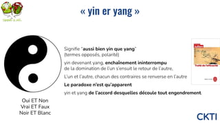 CKTI
« yin er yang »
Signiﬁe “aussi bien yin que yang”
(termes opposés, polarité)
yin devenant yang, enchaînement ininterr...