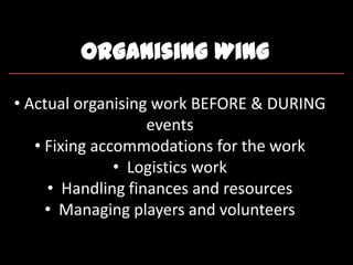 Organising Wing
• Actual organising work BEFORE & DURING
events
• Fixing accommodations for the work
• Logistics work
• Handling finances and resources
• Managing players and volunteers
 