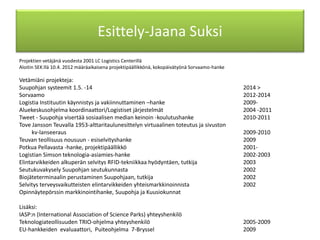 Projektien vetäjänä vuodesta 2001 LC Logistics Centerillä
Aloitin SEK:llä 10.4. 2012 määräaikaisena projektipäällikkönä, kokopäivätyönä Sorvaamo-hanke
Vetämiäni projekteja:
Suupohjan systeemit 1.5. -14 2014 >
Sorvaamo 2012-2014
Logistia Instituutin käynnistys ja vakiinnuttaminen –hanke 2009-
Aluekeskusohjelma koordinaattori/Logistiset järjestelmät 2004 -2011
Tweet - Suupohja visertää sosiaalisen median keinoin -koulutushanke 2010-2011
Tove Jansson Teuvalla 1953-alttaritaulunesittelyn virtuaalinen toteutus ja sivuston
kv-lanseeraus 2009-2010
Teuvan teollisuus nousuun - esiselvityshanke 2009
Potkua Pellavasta -hanke, projektipäällikkö 2001-
Logistian Simson teknologia-asiamies-hanke 2002-2003
Elintarvikkeiden alkuperän selvitys RFID-tekniikkaa hyödyntäen, tutkija 2003
Seutukuvakysely Suupohjan seutukunnasta 2002
Biojäteterminaalin perustaminen Suupohjaan, tutkija 2002
Selvitys terveysvaikutteisten elintarvikkeiden yhteismarkkinoinnista 2002
Opinnäytepörssin markkinointihanke, Suupohja ja Kuusiokunnat
Lisäksi:
IASP:n (International Association of Science Parks) yhteyshenkilö
Teknologiateollisuuden TRIO-ohjelma yhteyshenkilö 2005-2009
EU-hankkeiden evaluaattori, Puiteohjelma 7-Bryssel 2009
Esittely-Jaana Suksi
 