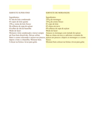 SORVETE SUPER FINO                           SORVETE DE MORANGOS

Ingredientes:                                Ingredientes:
01 lata de leite condensado                  250 g de morangos
03 copos de leite quente                     150 g de creme fresco
250 g creme de leite fresco                  01 copo de leite
06 colheres de sopa de açúcar                02 claras em neve
01colher de chá de baunilha                  09 colheres de sopa de açúcar
Modo de fazer:                               Modo de fazer:
Misturar o leite condensado e mexer sempre Amasse os morangos com metade do açúcar.
até ficar bem dissolvido. Deixar esfriar.    Bata as claras em neve e adicione o restante do
Bater o creme colocando o açúcar aos poucos, açúcar aos poucos e depois os morangos e o creme
depois o leite e a baunilha. Misturar bem.   fresco.
Colocar na forma e levar para gelar.         Misturar bem colocar na forma e levar para gelar.
 