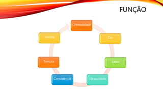 FUNÇÃO
Cremosidade
Cor
Sabor
ElasticidadeConsistência
Textura
Aroma
 