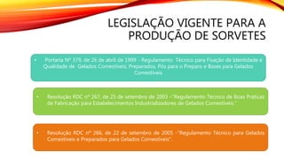 LEGISLAÇÃO VIGENTE PARA A
PRODUÇÃO DE SORVETES
• Portaria Nº 379, de 26 de abril de 1999 - Regulamento Técnico para Fixação de Identidade e
Qualidade de Gelados Comestíveis, Preparados, Pós para o Preparo e Bases para Gelados
Comestíveis
• Resolução RDC nº 267, de 25 de setembro de 2003 –“Regulamento Técnico de Boas Práticas
de Fabricação para Estabelecimentos Industrializadores de Gelados Comestíveis.”
• Resolução RDC nº 266, de 22 de setembro de 2005 -"Regulamento Técnico para Gelados
Comestíveis e Preparados para Gelados Comestíveis".
 
