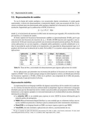 5.2 Representación de sonidos 95
5.2. Representación de sonidos
Ya sea la fuente del sonido analógica o un secuenciador digital, normalmente el sonido queda
representado, a efectos de almacenamiento o transmisión digital, como una secuencia de bits. La se-
cuencia resultante para una determinada señal analógica depende de la frecuencia de muestreo y de la
resolución. Suponiendo que la codificación es PCM, el bitrate es:
fb = fm × R × C kbps
donde fm es la frecuencia de muestreo en kHz (miles de muestras por segundo), R la resolución en bits
por muestra y C el número de canales.
El límite superior de frecuencias humanamente audibles es aproximadamente 20 kHz, por lo que
sería necesaria una frecuencia de muestreo de fm ≥ 40 kHz (40.000 muestras por segundo) y una re-
solución de 16 bits por muestra para permitir una reconstrucción prácticamente perfecta. No obstante,
ciertas aplicaciones no son tan exigentes, y relajando ambos parámetros se pierde calidad pero se re-
duce la necesidad de ancho de banda en la transmisión y de capacidad de almacenamiento (que es el
producto del bitrate por la duración de la señal). En la tabla 5.1 se resumen valores típicos para varias
aplicaciones.
Aplicación fm (kHz) R (bits) C fb (kbps) En 1 minuto...
Telefonía 8 8 1 64 480 kB (≈468 KiB)
Radio AM 11 8 1 88 660 kB (≈644 KiB)
Radio FM 22,05 16 2 705,6 5.292 kB (≈5 MiB)
CD 44,1 16 2 1.411,2 10.584 kB (≈10 MiB)
TDT 48 16 2 1.456 11.520 kB (≈11 MiB)
Tabla 5.1: Tasas de bits y necesidades de almacenamiento para algunas aplicaciones de sonido.
En las aplicaciones que pretenden una reconstrucción perfecta la frecuencia de muestreo es algo
superior a 40 kHz4. Esto se explica porque aunque la señal original se someta a un filtrado para eliminar
las frecuencias superiores a 20 kHz, el filtro no es perfecto: una componente de 21 kHz aún pasaría,
aunque atenuada, lo que provocaría el aliasing.
Representación simbólica
La representación en un lenguaje simbólico de algunas características de los sonidos no es nada nue-
vo: los sistemas de notación musical se utilizan desde la antigüedad. Aquí nos referiremos a lenguajes
diseñados para que las descripciones de los sonidos sean procesables por programas informáticos. Nos
limitaremos a citar algunos ejemplos (si está usted interesado no le resultará difícil encontrar abundante
información en Internet):
• La notación ABC es un estándar para expresar en texto ASCII la misma información que la
notación gráfica de pentagrama.
• MIDI (Musical Instrument Digital Interface) es otro estándar que no solamente incluye una no-
tación, también un protocolo e interfaces para la comunicación entre instrumentos electrónicos.
• MusicXML es un lenguaje basado en XML con mayor riqueza expresiva que MIDI.
• VoiceXML está más orientado a aplicaciones de síntesis y reconocimiento de voz.
4
El que el estándar de audio CD determine precisamente 44,1 kHz se debe a una historia interesante. Si tiene usted
curiosidad puede leerla en http://www.cs.columbia.edu/hgs/audio/44.1.html.
 