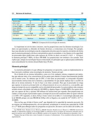 2.3 Recursos de hardware 23
Tecnología CMOS SRAM7
DRAM Flash NAND Magnética Óptica
Acceso aleat. Sí Sí Sí No No No
Lect. y escr. Sí Sí Sí Parcial Sí Parcial
T. acc. lect. (µs) 0,0002–0,0005 0,0005–0,025 0,05–0,2 25–50 5.000–20.000 > 100.000
T. transf. (MB/s) 20.000–100.000 5.000–50.000 1.000-5.000 200-500 500–1.000 1-5
Coste (e/KiB) ≈ 100 ≈ 10−2
≈ 10−5
≈ 10−6
≈ 10−7
≈ 10−7
Dens. (bits/mm2
) ≈ 102
≈ 104
≈ 106
≈ 108
≈ 109
≈ 107
Volatilidad Sí Sí Sí No No No
Capacidad típica < 1 KiB < 64 MiB < 16 GiB < 1 TiB < 10 TiB < 100 GiB
Uso típico Registros (M. local) M. cache M. principal M. secundaria
y terciaria
M. secundaria
y terciaria
M. terciaria
Gestionado por Hardware Hardware S. operativo S. operativo/
Operador
S. operativo/
Operador
Operador
Tabla 2.1: Comparación de tecnologías de memoria.
Lo importante no son los datos concretos, sino las proporciones entre las distintas tecnologías. Los
datos son aproximados (y obtenidos de fuentes diversas), y evolucionan con el tiempo. Por ejemplo,
hace unas décadas las tecnologías eran de componentes discretos para los registros, de núcleos de ferrita
para la memoria principal y de discos más primitivos para la secundaria; si nos fijamos en la capacidad,
un procesador típico podía tener ocho registros de 16 bits (es decir, en total 8 × 16/8 = 16 bytes),
la memoria principal 1 MiB y el disco 500 MiB. Las proporciones son similares a las actuales. Esto
explica que, aunque las tecnologías hayan evolucionado, los principios que se aplican para combinarlas
sean esencialmente los mismos desarrollados hace 50 años.
Memoria principal
La memoria principal es la que alberga los programas en ejecución, y para su implementación se
hace necesario combinar varias tecnologías de memoria. Veamos por qué.
En el diseño de un sistema informático, como en el de cualquier sistema compuesto por partes,
hay que adecuar entre sí las características de las partes para obtener el mejor funcionamiento posible
con el menor coste. Ya sabemos que la CPU, si sólo tiene un procesador, va extrayendo (leyendo)
sucesivamente instrucciones de la memoria y ejecutándolas (lo que puede implicar leer o escribir un
dato en la misma memoria). Y esto lo hace a un ritmo constante. Para que el procesador no tenga
que esperar, la memoria principal debe ser obligatoriamente de acceso aleatorio y, a ser posible, que
tenga un tiempo de acceso compatible con la velocidad del procesador. Los procesadores más comunes
actuales tienen velocidades del orden de 100 MIPS (y algunos llegan a 10.000 MIPS). Eso quiere decir
que son capaces de leer y ejecutar 100 millones de instrucciones por segundo. Para proporcionar ese
caudal y evitar así que el procesador espere, el tiempo de acceso de la memoria debe ser igual o inferior
a 1/(100 × 106) segundos, es decir, 0,01µs. Como vemos en la tabla 2.1, la tecnología adecuada sería
la de SRAM, porque con una DRAM de 0,05µs sólo se llegaría a un caudal de 10−6/(0,05 × 10−6) =
20 MIPS.
Pero no hay que olvidar el factor coste8, que depende de la capacidad de memoria necesaria. En
un sistema con multiprogramación y de uso personal, actualmente es normal una capacidad de 4 GiB
(4 × 220 KiB) para albergar todos los programas en ejecución. De nuevo con los datos de la tabla, con
7
Las SRAM (Static Random Access Memory), DRAM (Dynamic Random Access Memory) y SDRAM (Synchronous
DRAM) se implementan también con tecnología CMOS. La diferencia está en el número de transistores utilizados para un
punto de memoria: uno en DRAM, varios en SRAM y muchos en los registros. De ahí las diferencias en densidad y coste.
8
Tampoco hay que olvidar otros, como el tamaño, el consumo, el calentamiento... Si se consideran refuerzan aún más la
argumentación.
 