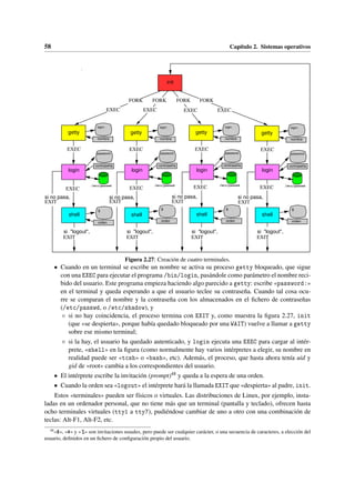 58 Capítulo 2. Sistemas operativos
login
shell
/etc/passwd /etc/passwd /etc/passwd
/etc/passwd
si "logout",
EXIT
EXEC
login
shell
$ $ $ $
orden orden orden orden
si "logout",
EXIT
EXEC
login
shell
si "logout",
EXIT
EXEC
login
shell
si "logout",
EXIT
EXEC
init
FORK FORK FORK FORK
EXEC EXEC EXEC EXEC
si no pasa,
EXIT
si no pasa, si no pasa,
EXIT
si no pasa,
EXIT
EXEC EXEC EXEC
EXEC
EXIT
getty getty getty getty
contraseña
password:
contraseña
password:
contraseña
password:
contraseña
password:
nombre
login:
nombre nombre
login: login:
nombre
login:
Figura 2.27: Creación de cuatro terminales.
• Cuando en un terminal se escribe un nombre se activa su proceso getty bloqueado, que sigue
con una EXEC para ejecutar el programa /bin/login, pasándole como parámetro el nombre reci-
bido del usuario. Este programa empieza haciendo algo parecido a getty: escribe «password:»
en el terminal y queda esperando a que el usuario teclee su contraseña. Cuando tal cosa ocu-
rre se comparan el nombre y la contraseña con los almacenados en el fichero de contraseñas
(/etc/passwd, o /etc/shadow), y
◦ si no hay coincidencia, el proceso termina con EXIT y, como muestra la figura 2.27, init
(que «se despierta», porque había quedado bloqueado por una WAIT) vuelve a llamar a getty
sobre ese mismo terminal;
◦ si la hay, el usuario ha quedado autenticado, y login ejecuta una EXEC para cargar al intér-
prete, «shell» en la figura (como normalmente hay varios intérpretes a elegir, su nombre en
realidad puede ser «tcsh» o «bash», etc). Además, el proceso, que hasta ahora tenía uid y
gid de «root» cambia a los correspondientes del usuario.
• El intérprete escribe la invitación (prompt)48 y queda a la espera de una orden.
• Cuando la orden sea «logout» el intérprete hará la llamada EXIT que «despierta» al padre, init.
Estos «terminales» pueden ser físicos o virtuales. Las distribuciones de Linux, por ejemplo, insta-
ladas en un ordenador personal, que no tiene más que un terminal (pantalla y teclado), ofrecen hasta
ocho terminales virtuales (tty1 a tty7), pudiéndose cambiar de uno a otro con una combinación de
teclas: Alt-F1, Alt-F2, etc.
48
«$», «#» y « %» son invitaciones usuales, pero puede ser cualquier carácter, o una secuencia de caracteres, a elección del
usuario, definidos en un fichero de configuración propio del usuario.
 